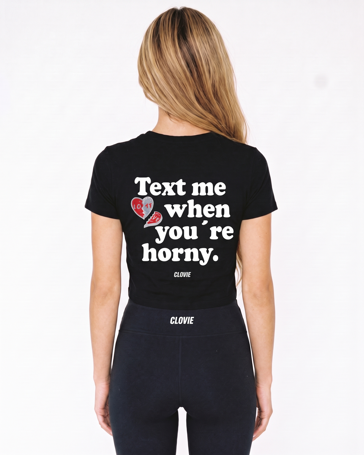 Text me Cropped Tee Black - female model back print