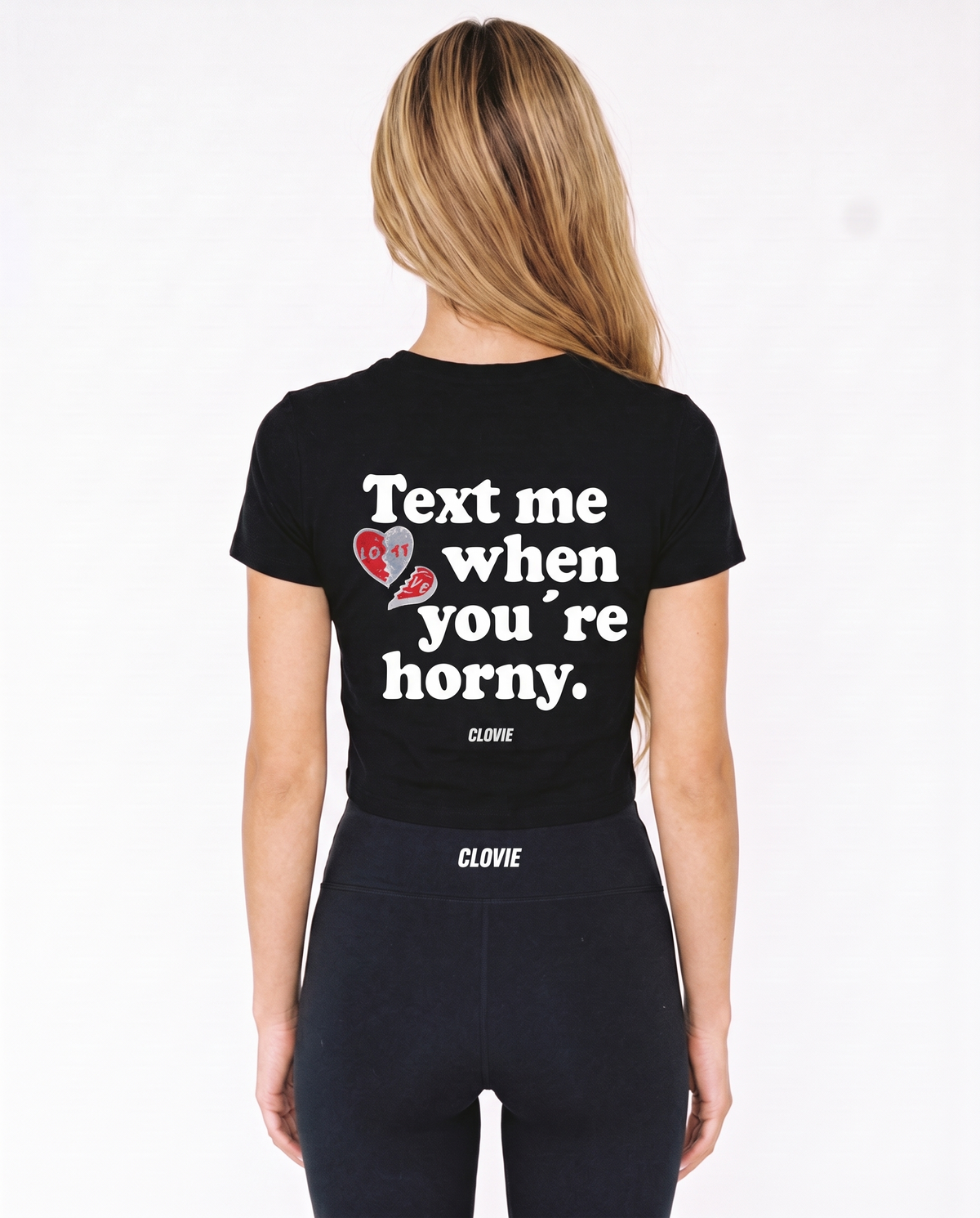 Text me Cropped Tee Black - female model back print