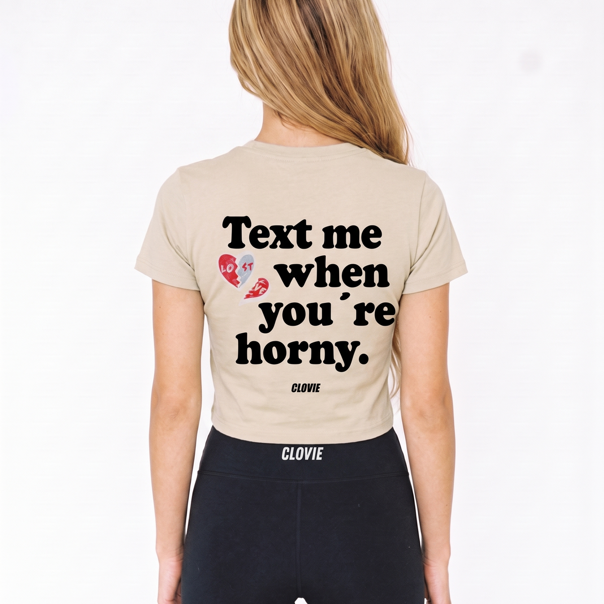 Text me Cropped Tee Sand - female model back print