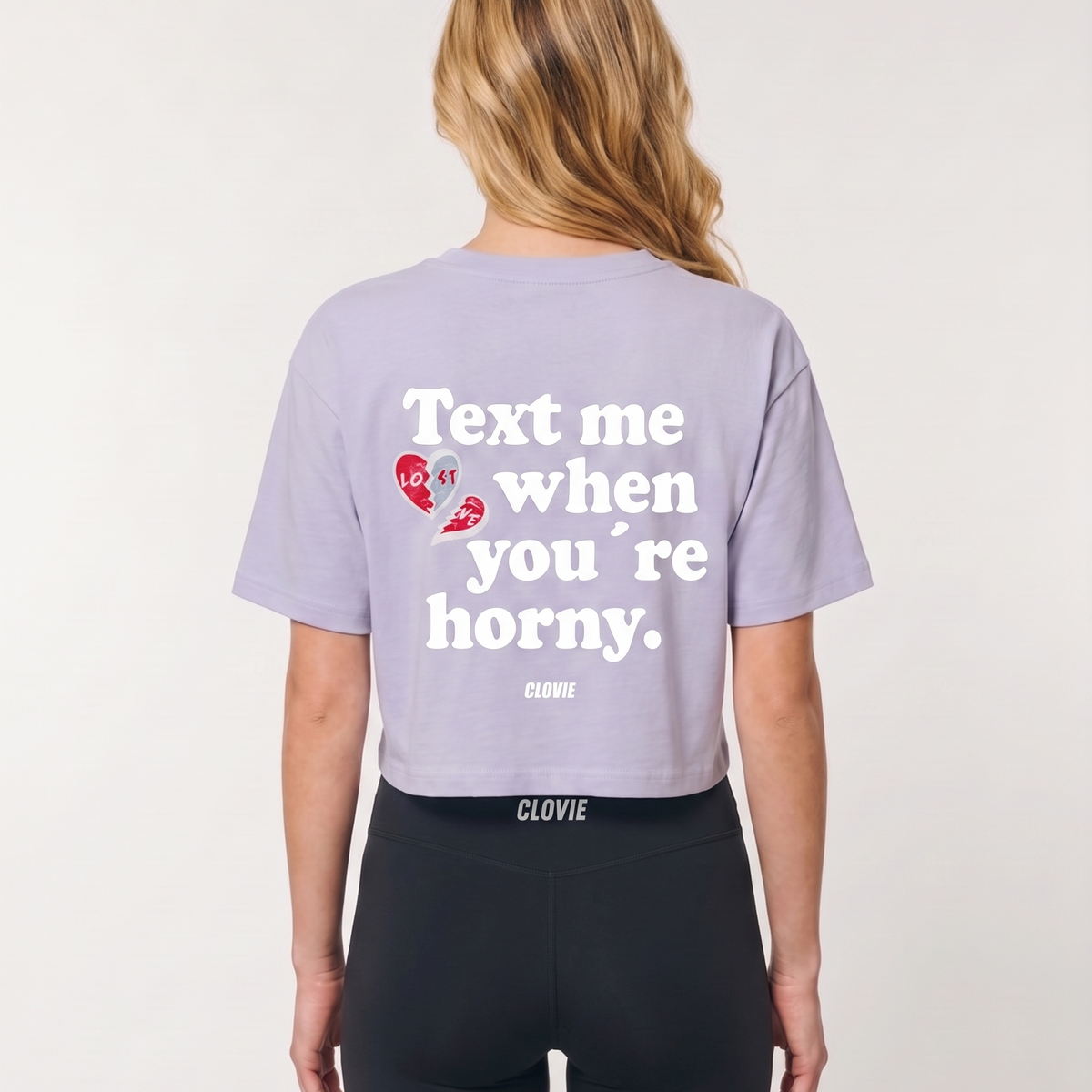 Text me Cropped Tee Soft Lilac - female model back print