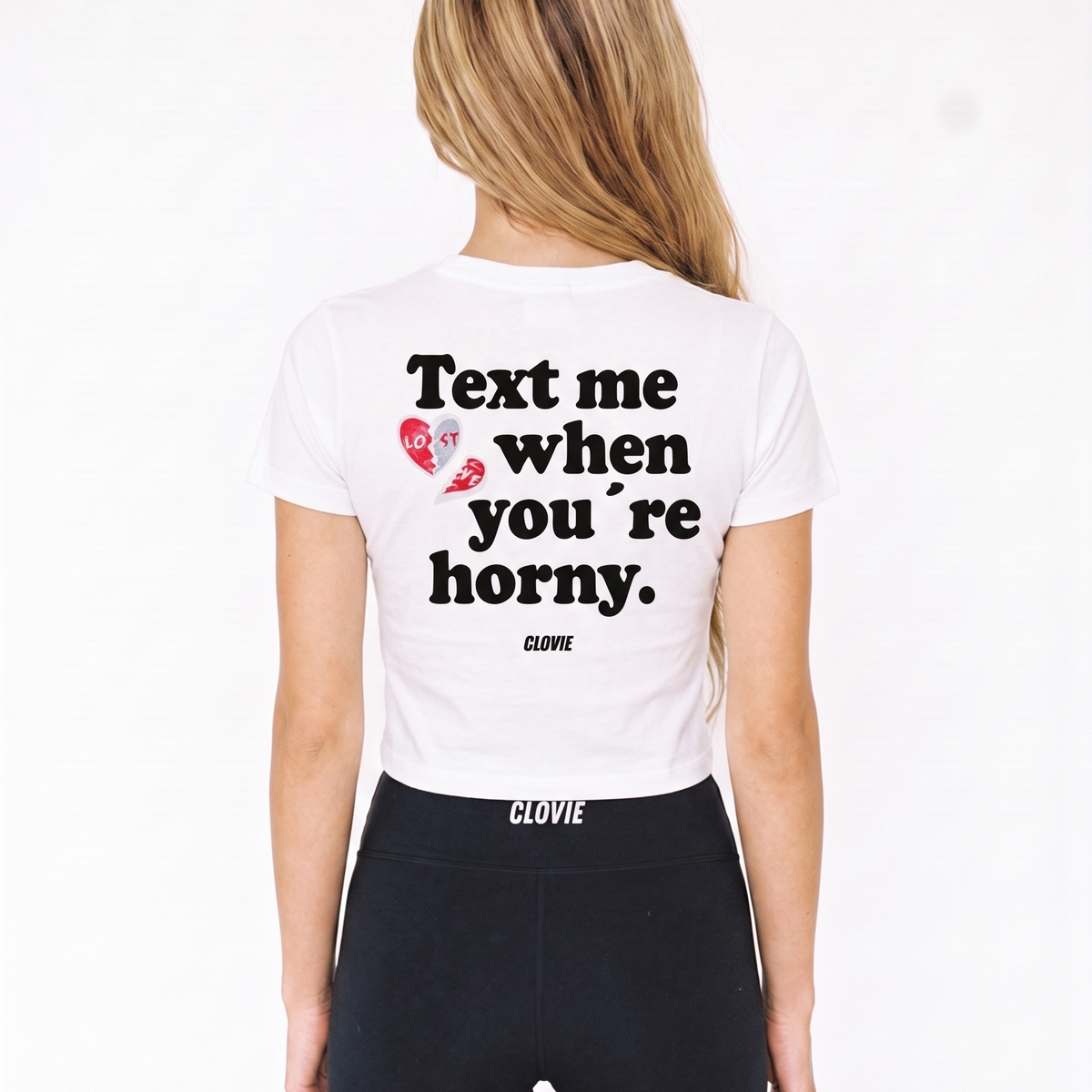 Text me Cropped Tee White - female model back print