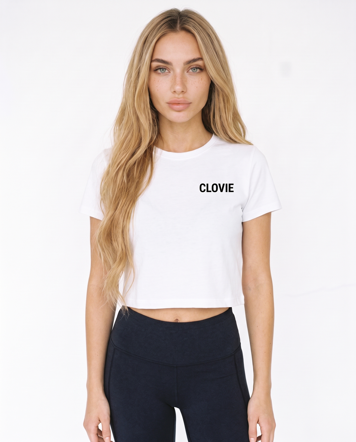Social media killed romance Cropped Tee White - female model front + CLOVIE chest logo