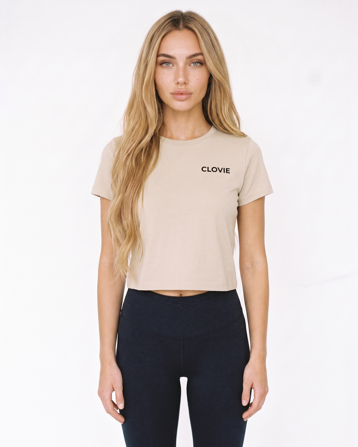 Text me Cropped Tee Sand - female model front + CLOVIE chest logo