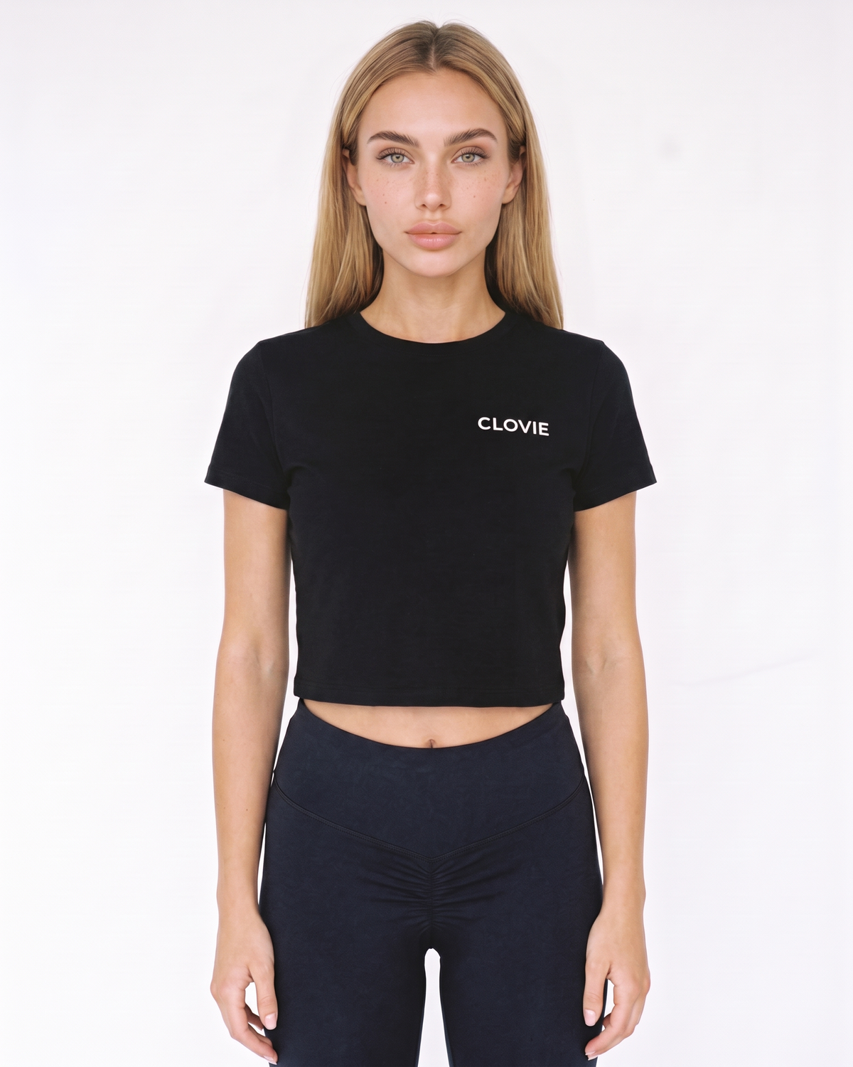 Social media killed romance Cropped Tee Black - female model front + CLOVIE chest logo