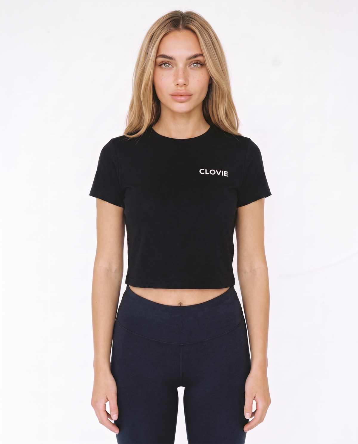 Text me Cropped Tee Black - female model front + CLOVIE chest logo