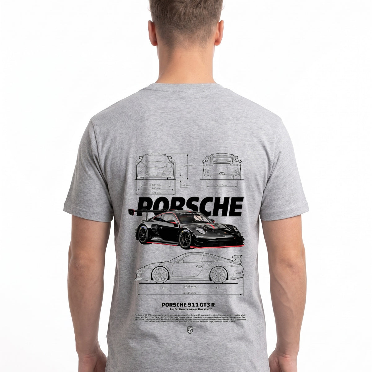 Porsche 911 GT3 R T-Shirt Heather Grey – Rückseite mit Blueprint-Backprint