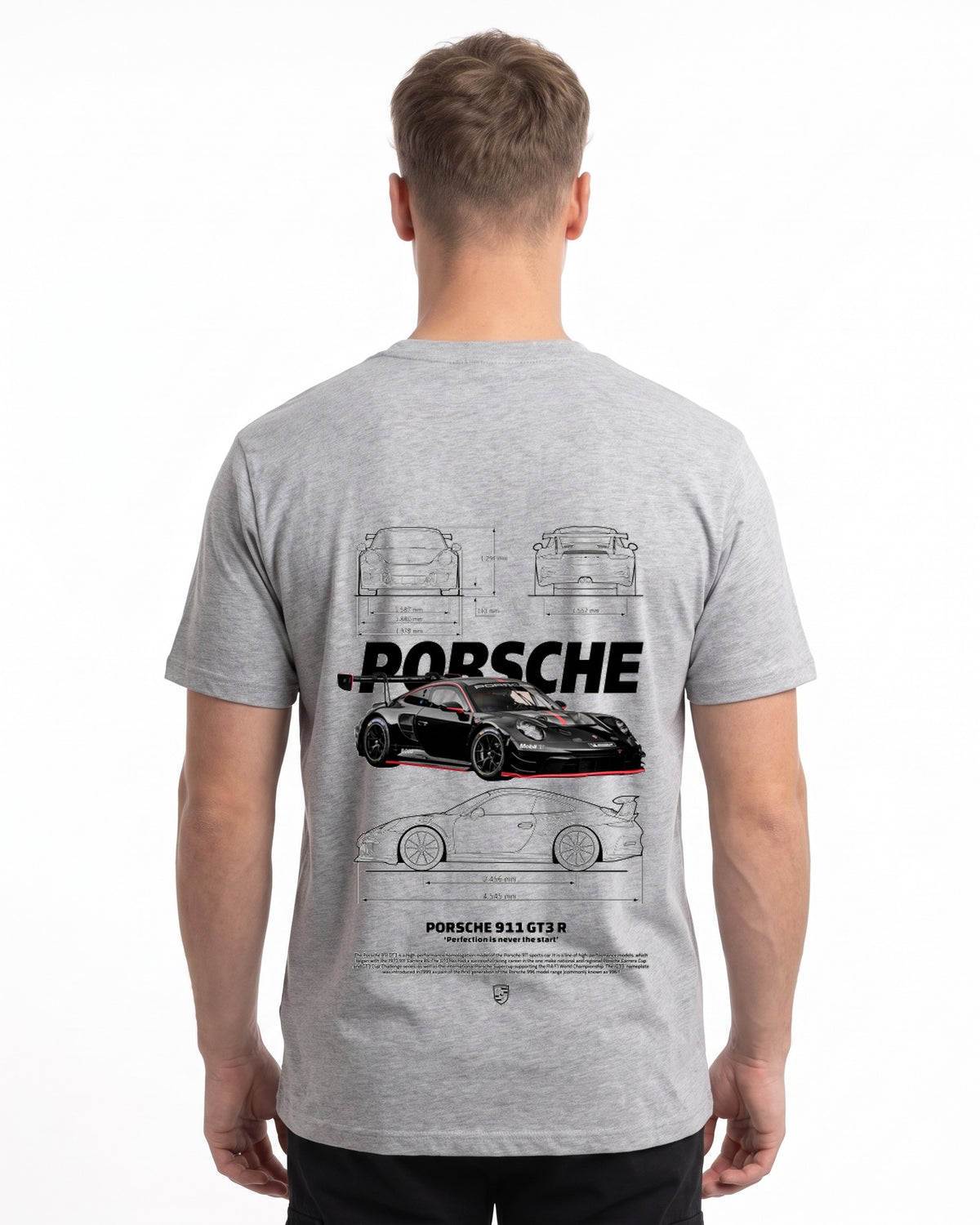 Porsche 911 GT3 R T-Shirt Heather Grey – Rückseite mit Blueprint-Backprint