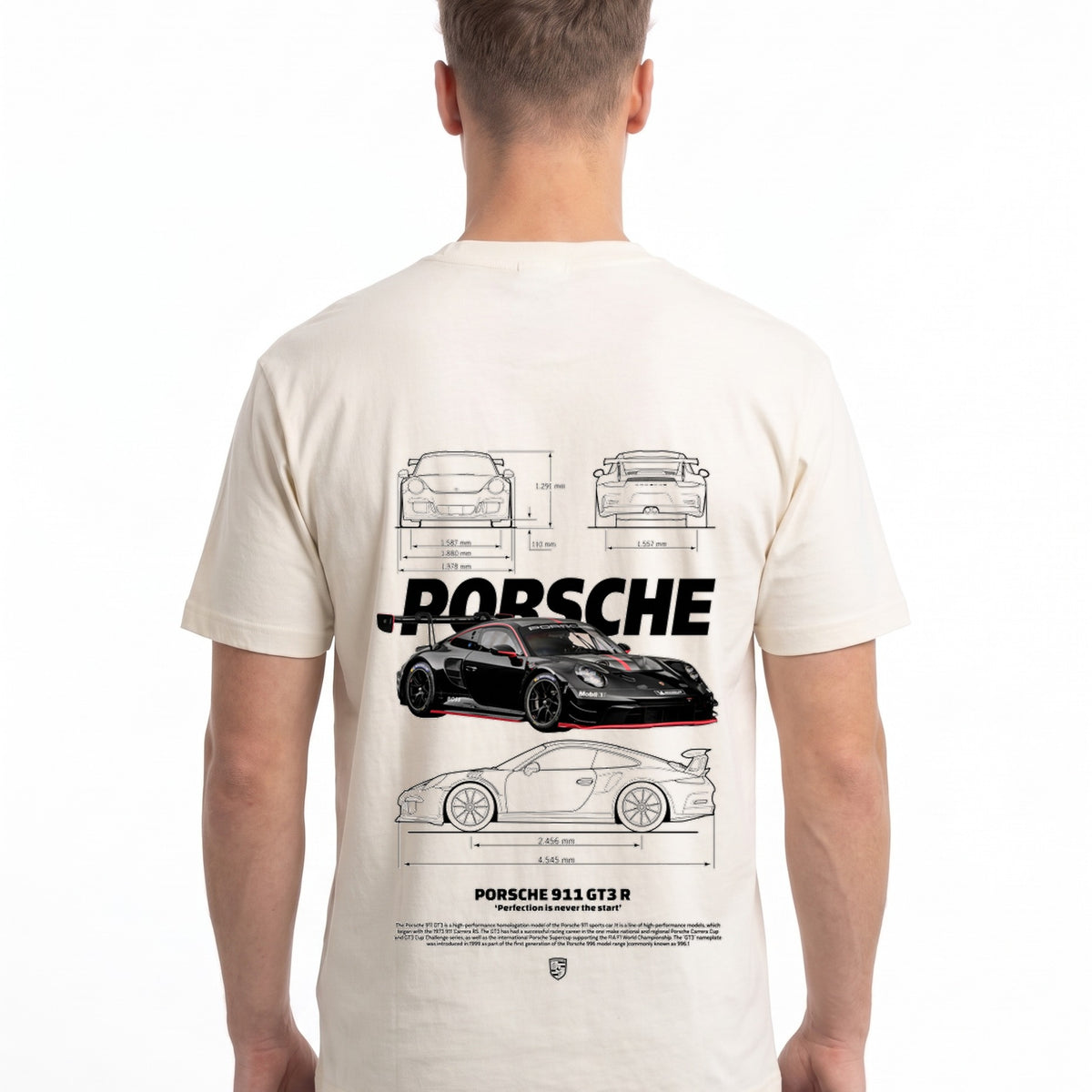 Porsche 911 GT3 R T-Shirt Vintage White – Rückseite mit Blueprint-Backprint