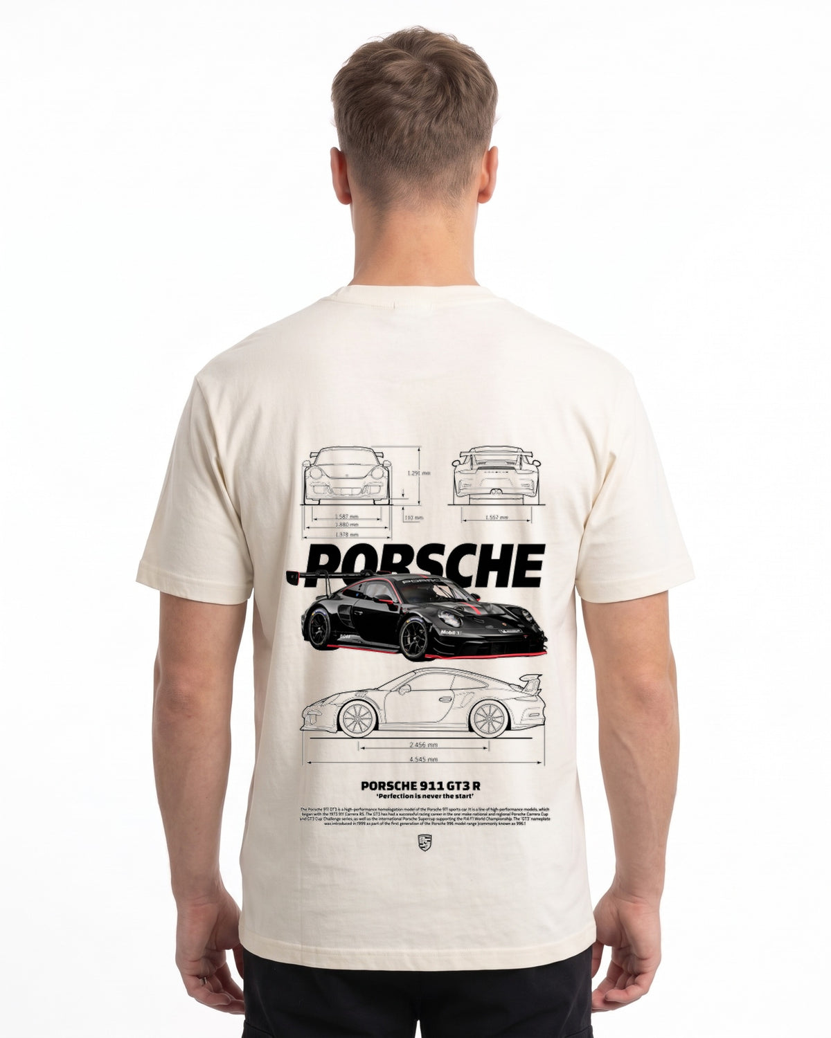 Porsche 911 GT3 R T-Shirt Vintage White – Rückseite mit Blueprint-Backprint