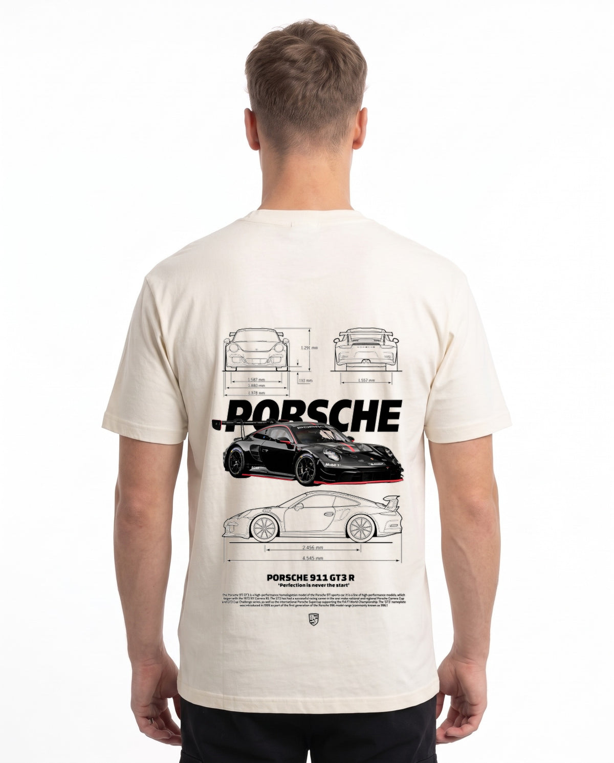 Porsche 911 GT3 R T-Shirt Vintage White – Rückseite mit Blueprint-Backprint