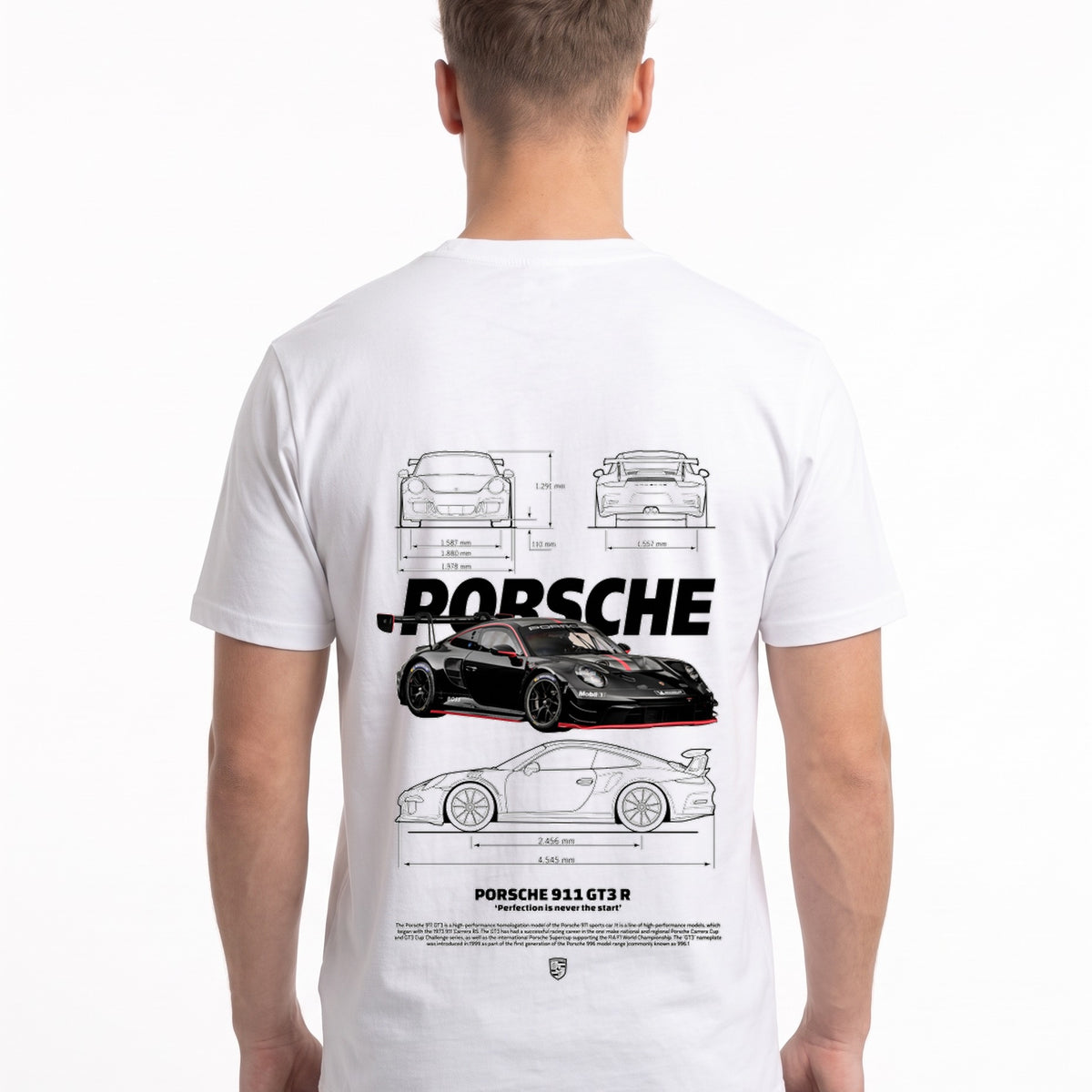 Porsche 911 GT3 R T-Shirt White – Rückseite mit Blueprint-Backprint