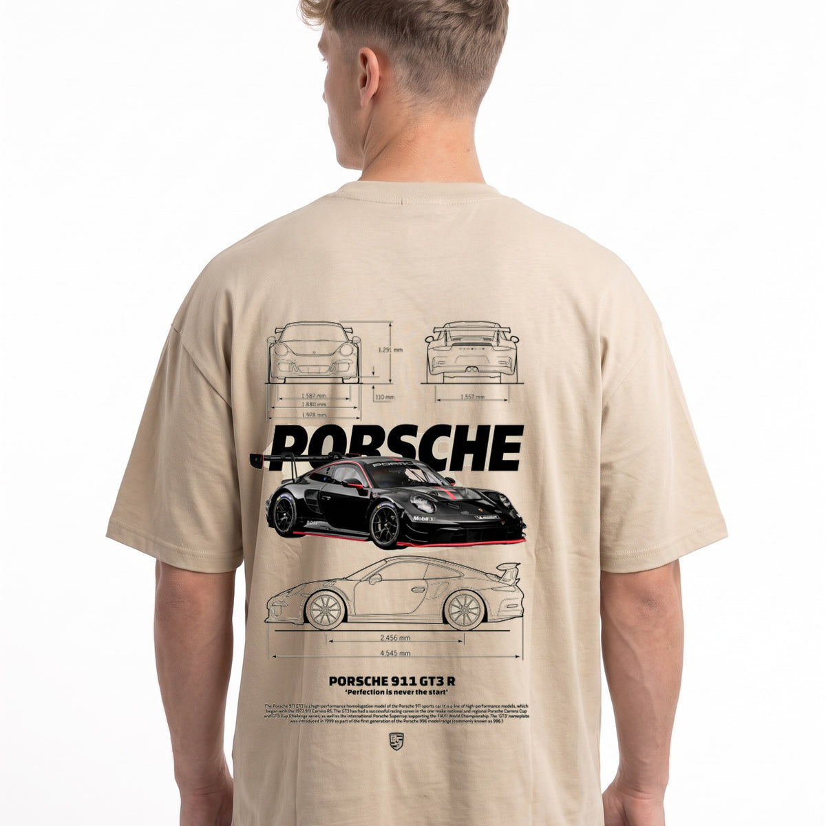 Porsche 911 GT3 R Oversized Tee Sand – Rückseite mit Blueprint-Backprint