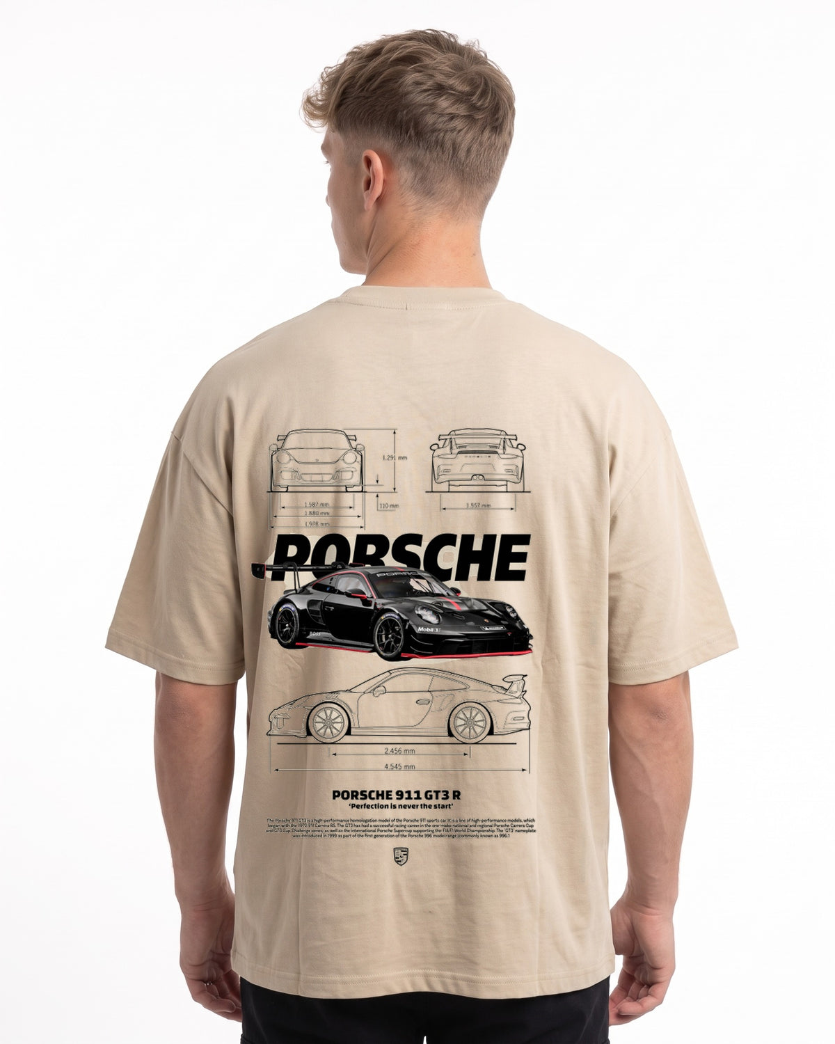Porsche 911 GT3 R Oversized Tee Sand – Rückseite mit Blueprint-Backprint