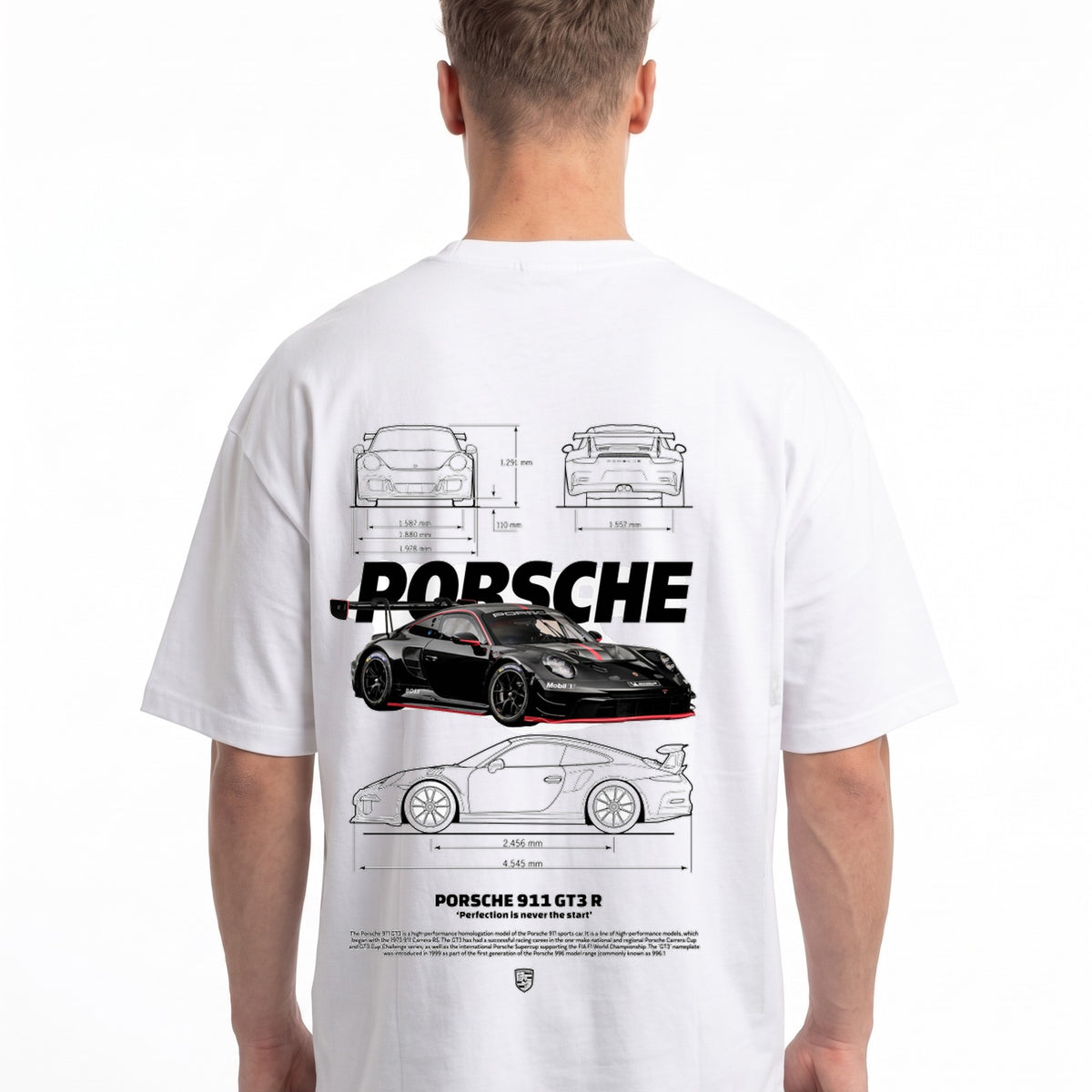 Porsche 911 GT3 R Oversized Tee White – Rückseite mit Blueprint-Backprint