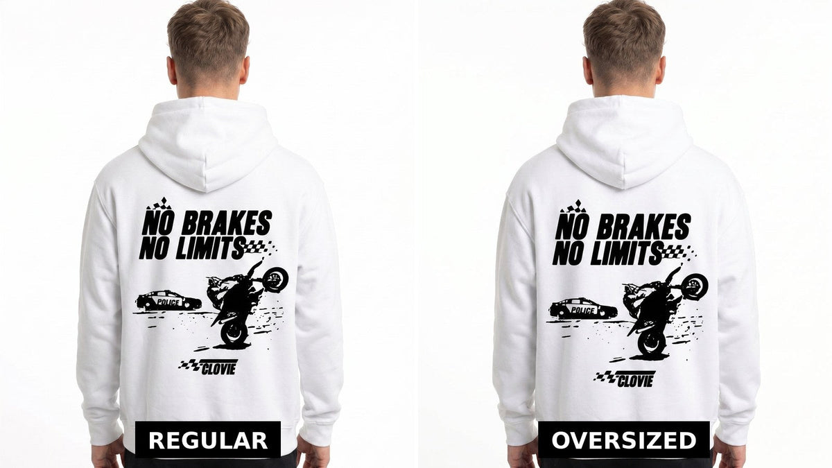 Regular Hoodie und Oversized Hoodie im Vergleich: No brakes, no limits in Weiß, Rückansicht | CLOVIE