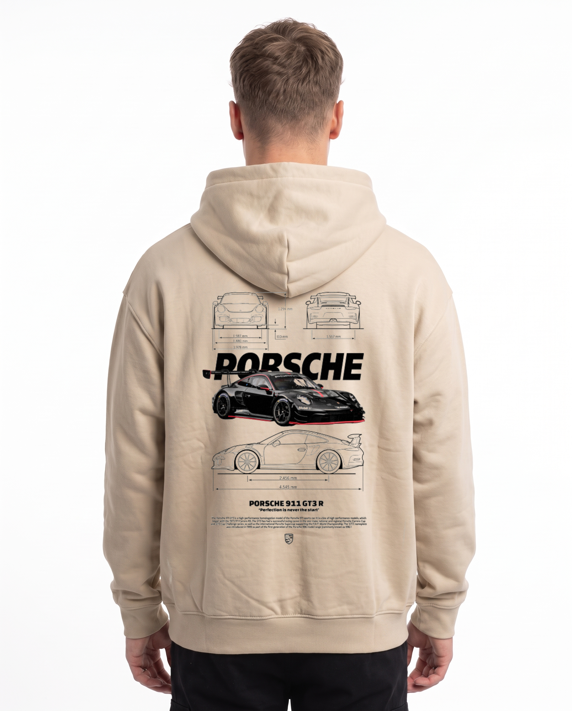 Porsche 911 GT3 R Oversized Zip Hoodie White Sand – Rückseite mit Blueprint-Backprint