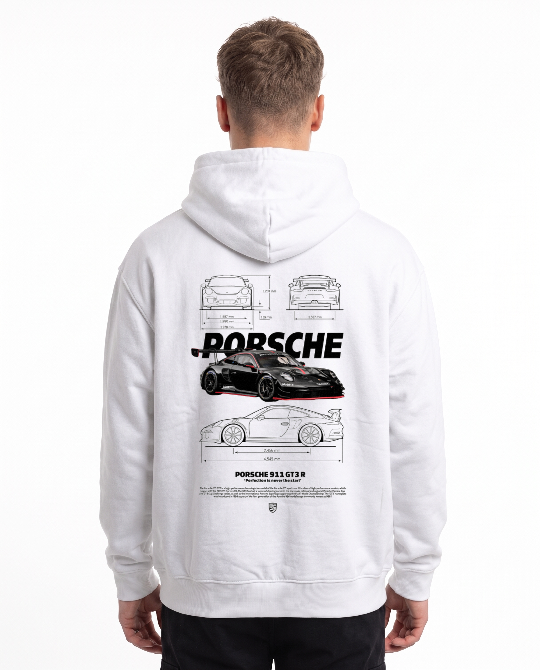 Porsche 911 GT3 R Oversized Hoodie White – Rückseite mit Blueprint-Backprint