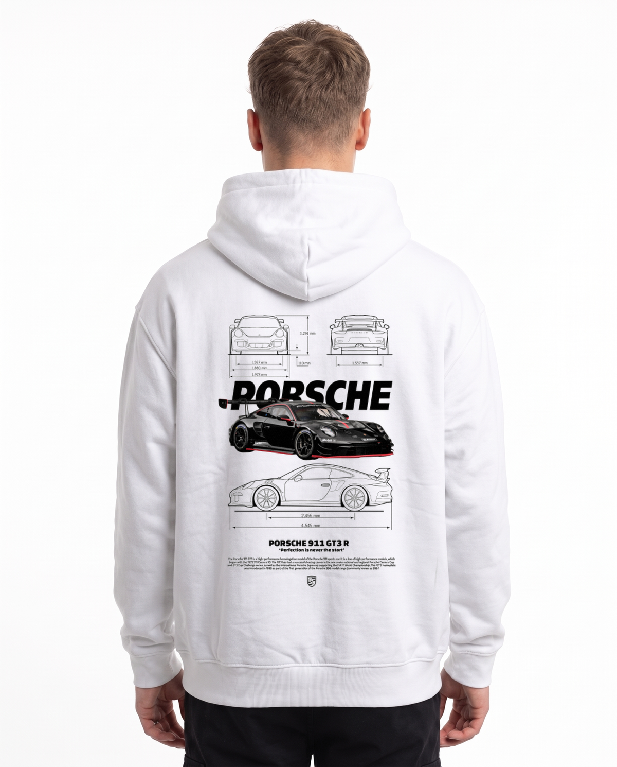 Porsche 911 GT3 RS Oversized Hoodie White - model back, Porsche GT3R blueprint print