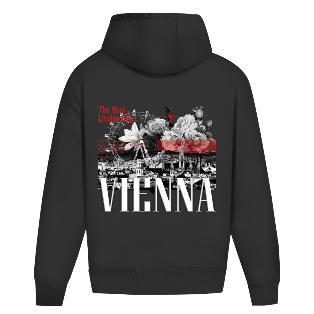 Vienna Oversized Hoodie in Black – Rückansicht mit großem VIENNA-Backprint | CLOVIE