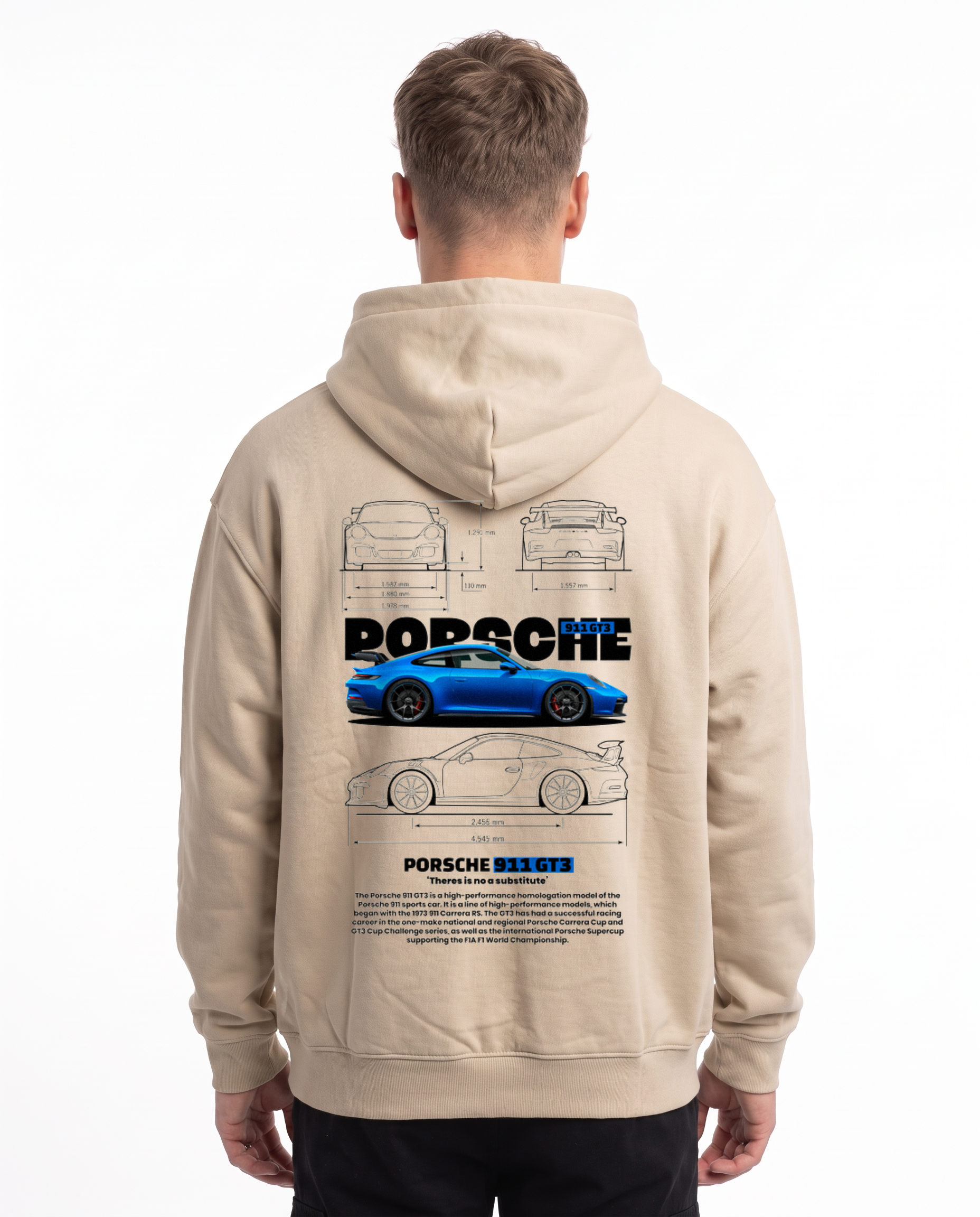 Porsche 911 GT3 Oversized Zip Hoodie White Sand - model back, Porsche blueprint print