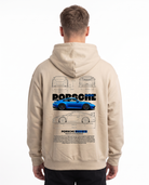Porsche 911 GT3 Oversized Zip Hoodie White Sand - model back, Porsche blueprint print