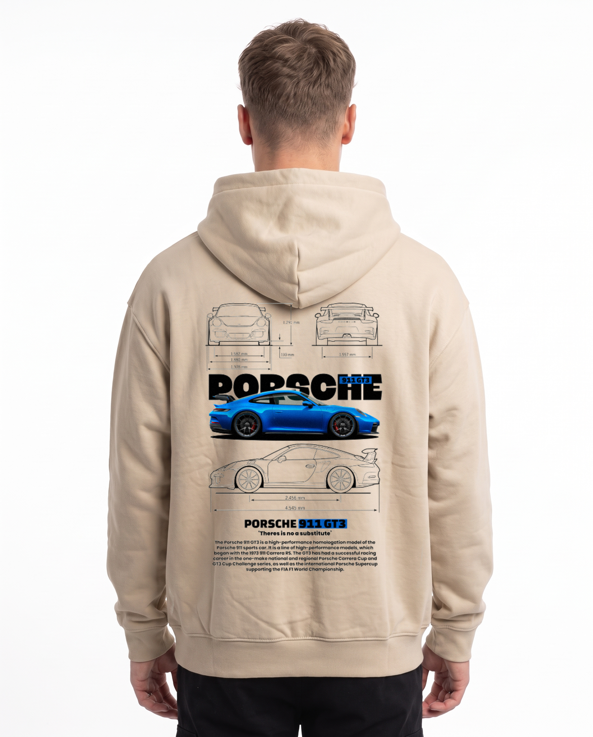 Porsche 911 GT3 Oversized Zip Hoodie White Sand - model back, Porsche blueprint print