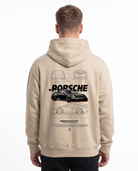 Porsche 911 GT3 RS Oversized Hoodie White Sand - model back, Porsche GT3R blueprint print