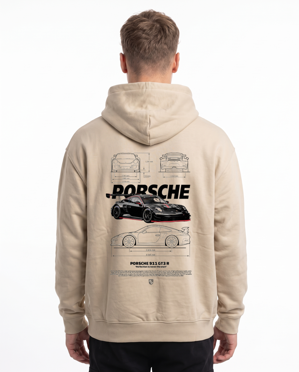 Porsche 911 GT3 RS Oversized Hoodie White Sand - model back, Porsche GT3R blueprint print
