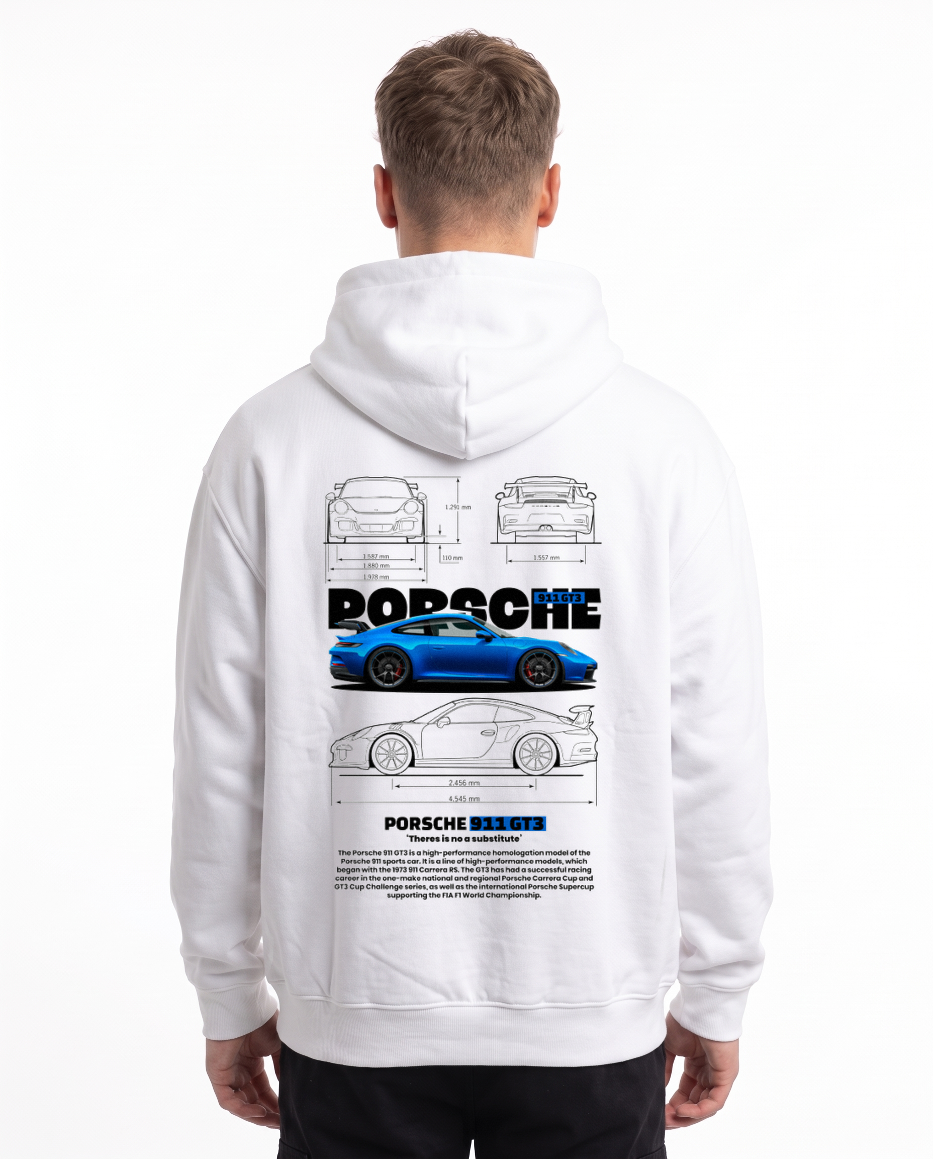 Porsche 911 GT3 Oversized Zip Hoodie White - model back, Porsche blueprint print