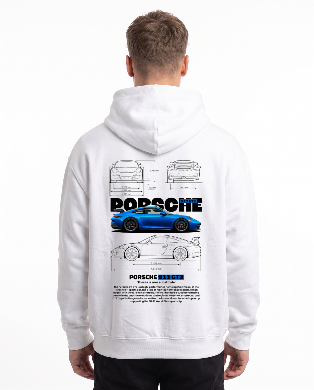 Porsche 911 GT3 Oversized Zip Hoodie White - model back, Porsche blueprint print