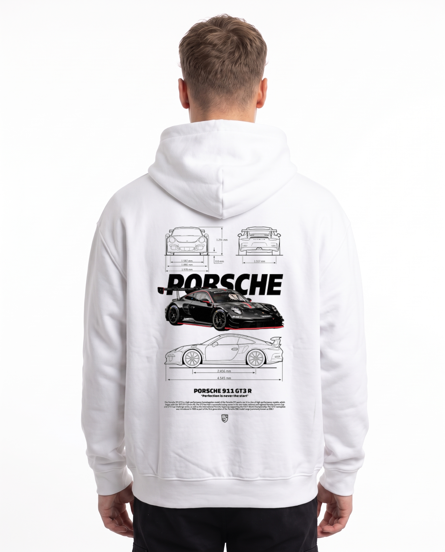 Porsche 911 GT3 R Oversized Zip Hoodie White – Rückseite mit Blueprint-Backprint