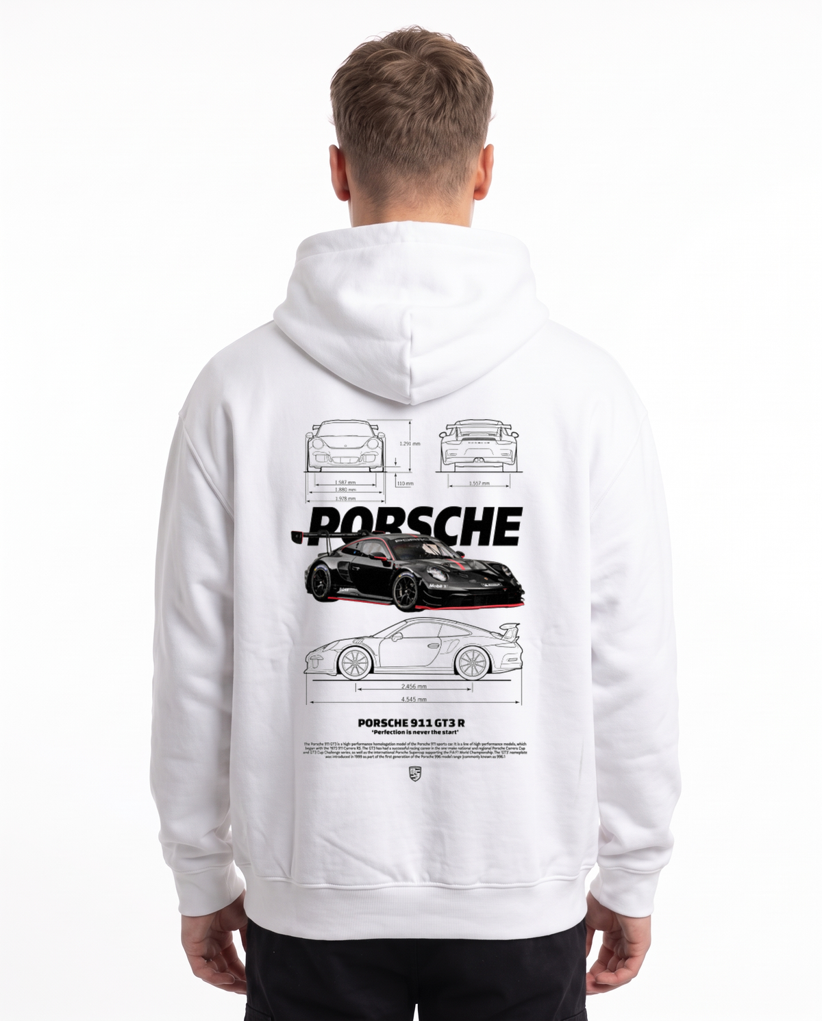 Porsche 911 GT3 RS Oversized Zip Hoodie White - model back, Porsche GT3R blueprint print