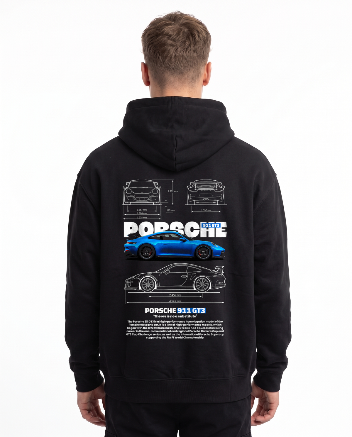 Porsche 911 GT3 Oversized Zip Hoodie Black - model back, Porsche blueprint print