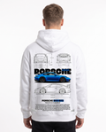 Porsche 911 GT3 Hoodie in Arctic White, model back with Porsche blueprint print