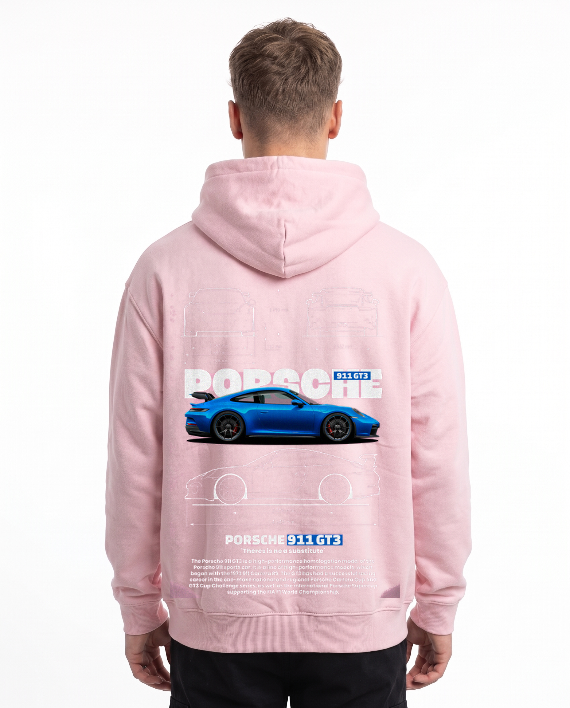 Porsche 911 GT3 Hoodie in Baby Pink, model back with Porsche blueprint print