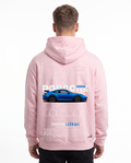 Porsche 911 GT3 Hoodie in Baby Pink, model back with Porsche blueprint print