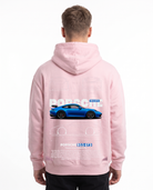 Porsche 911 GT3 Hoodie in Baby Pink, model back with Porsche blueprint print