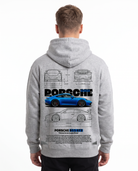 Porsche 911 GT3 Hoodie in Heather Grey, model back with Porsche blueprint print