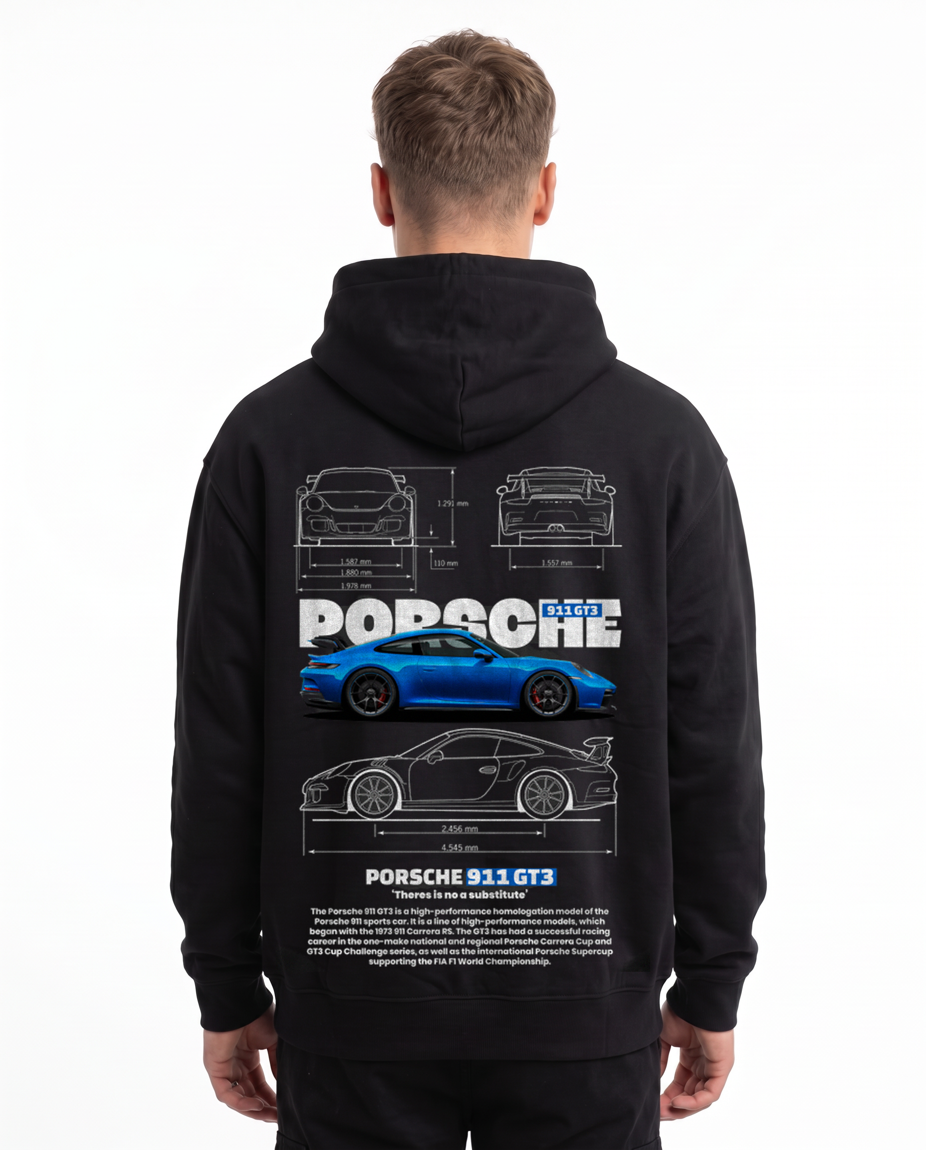 Porsche 911 GT3 Hoodie in Jet Black, model back with Porsche blueprint print