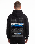 Porsche 911 GT3 Hoodie in Jet Black, model back with Porsche blueprint print