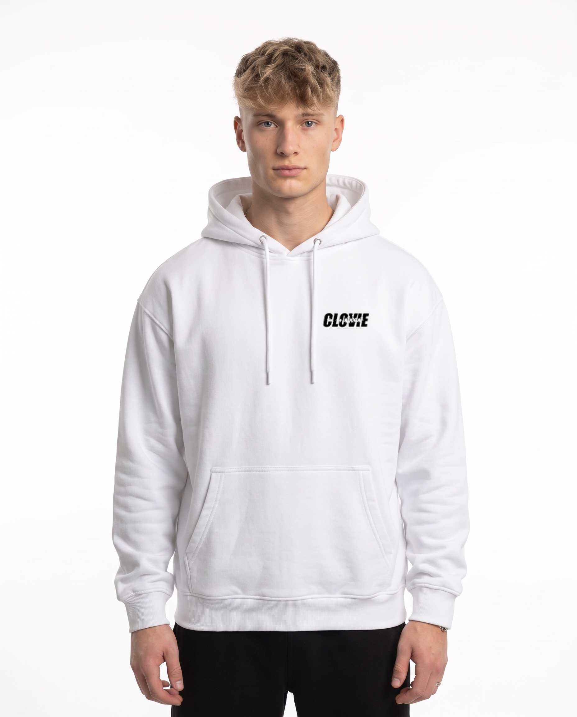 Porsche 911 GT3 Hoodie in Arctic White, model front with CLOVIE logo