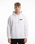 Porsche 911 GT3 RS Hoodie in Arctic White, model front with CLOVIE logo