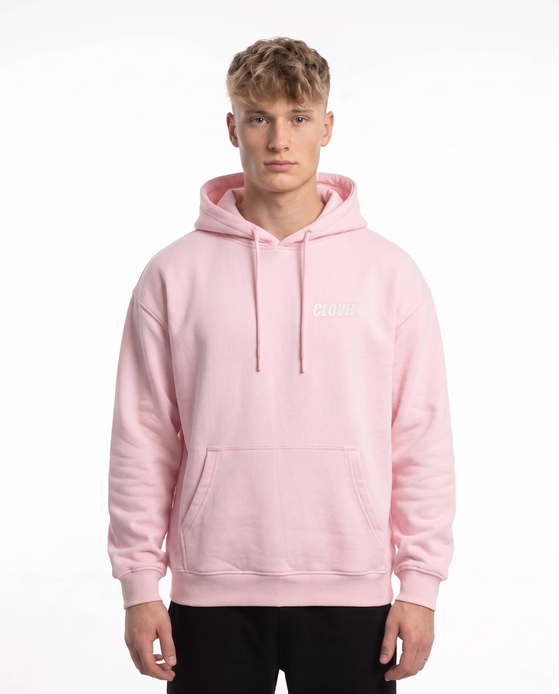 Porsche 911 GT3 Hoodie in Baby Pink, model front with CLOVIE logo