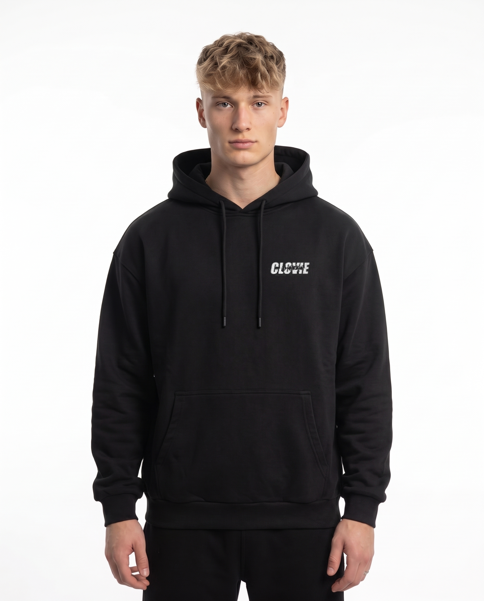 Porsche 911 GT3 Hoodie in Jet Black, model front with CLOVIE logo