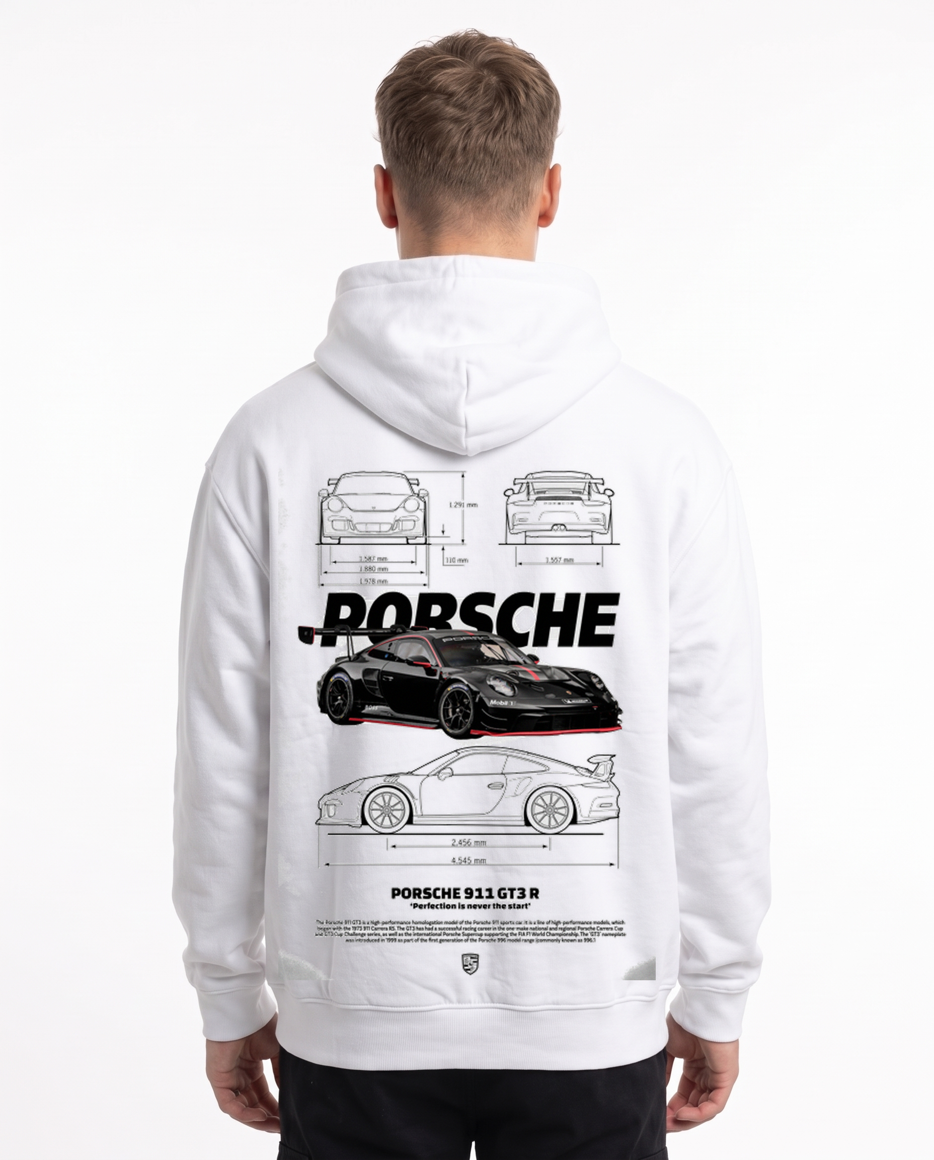Porsche 911 GT3 R Hoodie Arctic White – Rückseite mit Blueprint-Backprint des schwarzen GT3 R