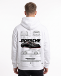 Porsche 911 GT3 RS Hoodie in Arctic White, model back with Porsche R blueprint print