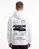 Porsche 911 GT3 RS Hoodie in Arctic White, model back with Porsche R blueprint print
