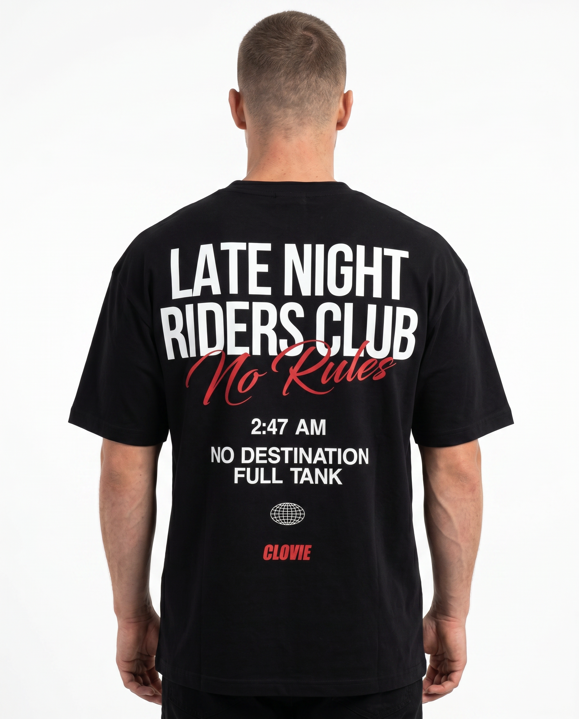 Late Night Riders Club Oversized Tee Black – Rückseite, 3AM Print