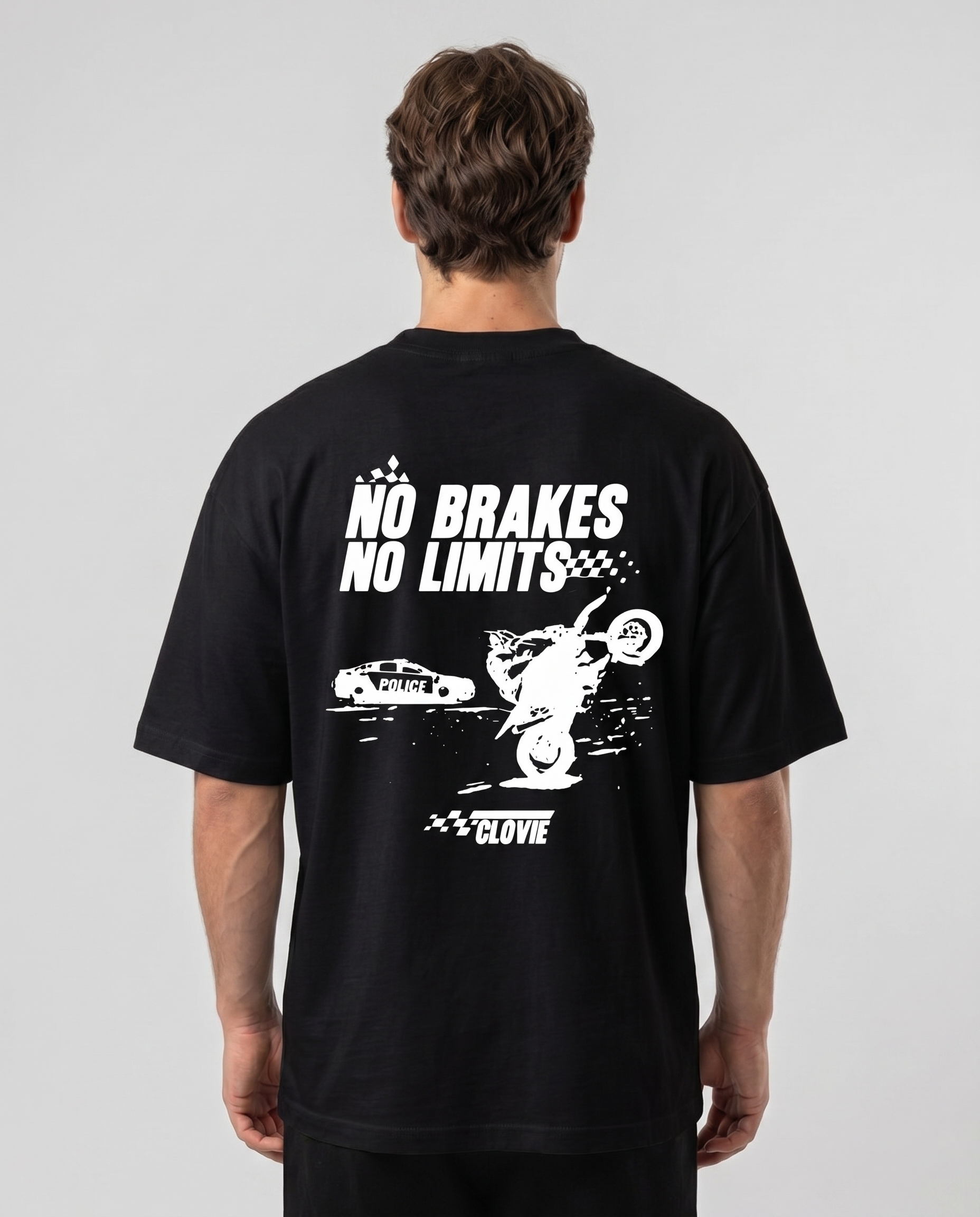 No brakes no limits Oversized Tee Black - model back print