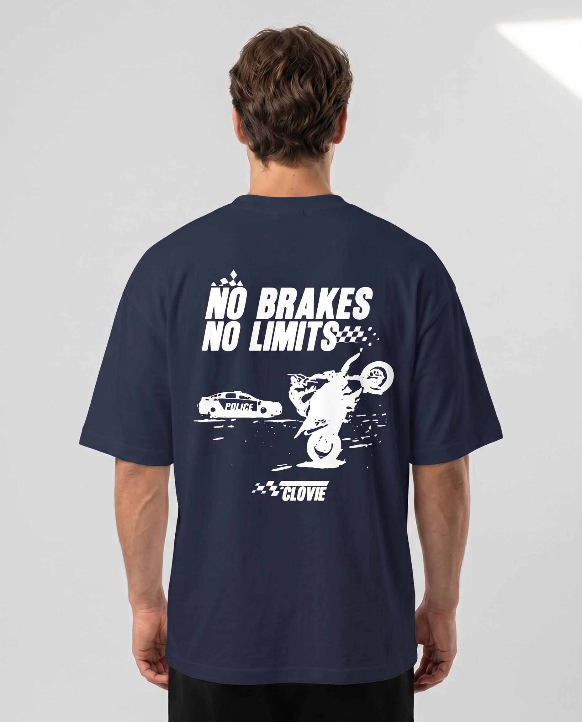 No brakes no limits Oversized Tee french navy - model back print